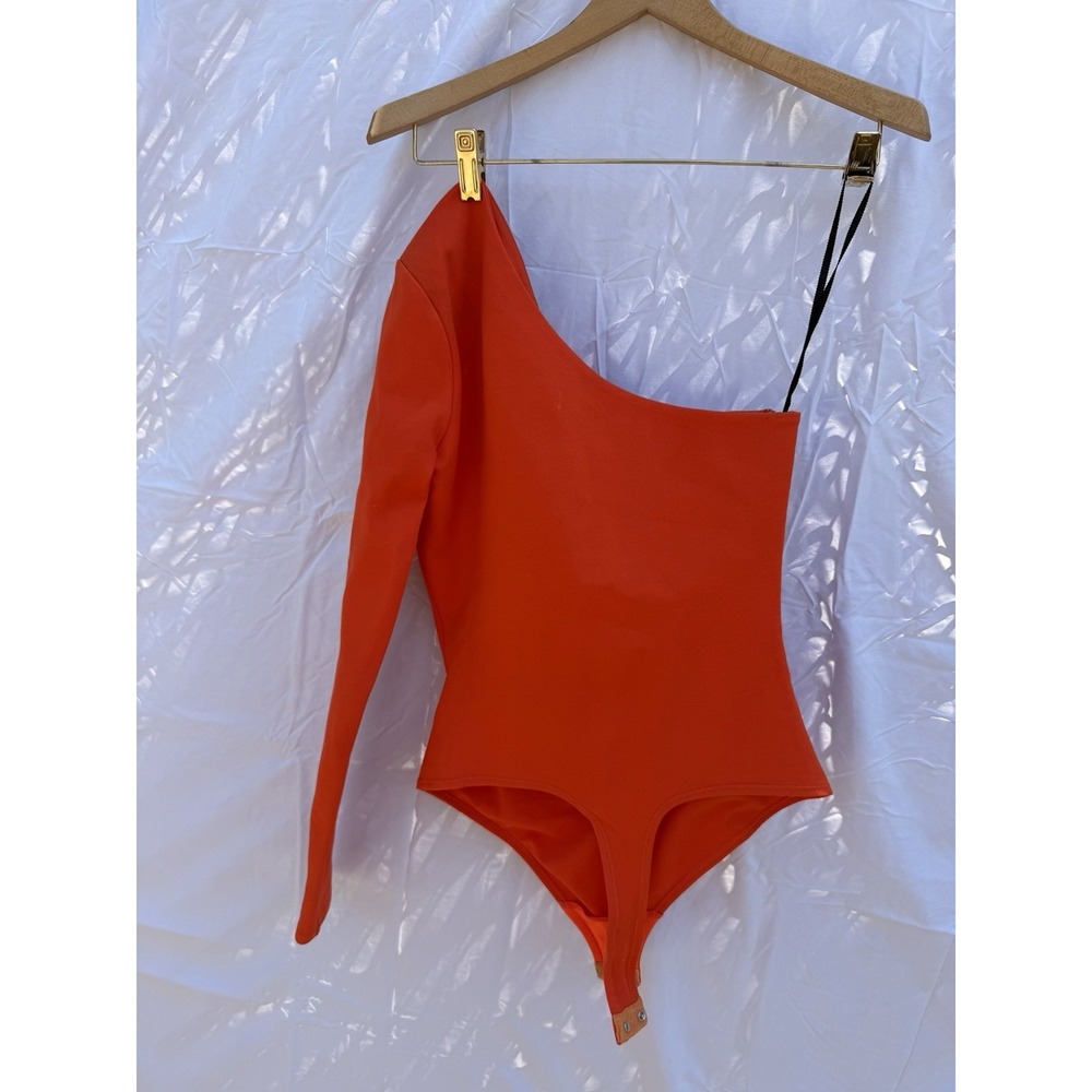 NBD Revolve Neon Orange One Shoulder Bodysuit XS Long Sleeve Bodycon Top